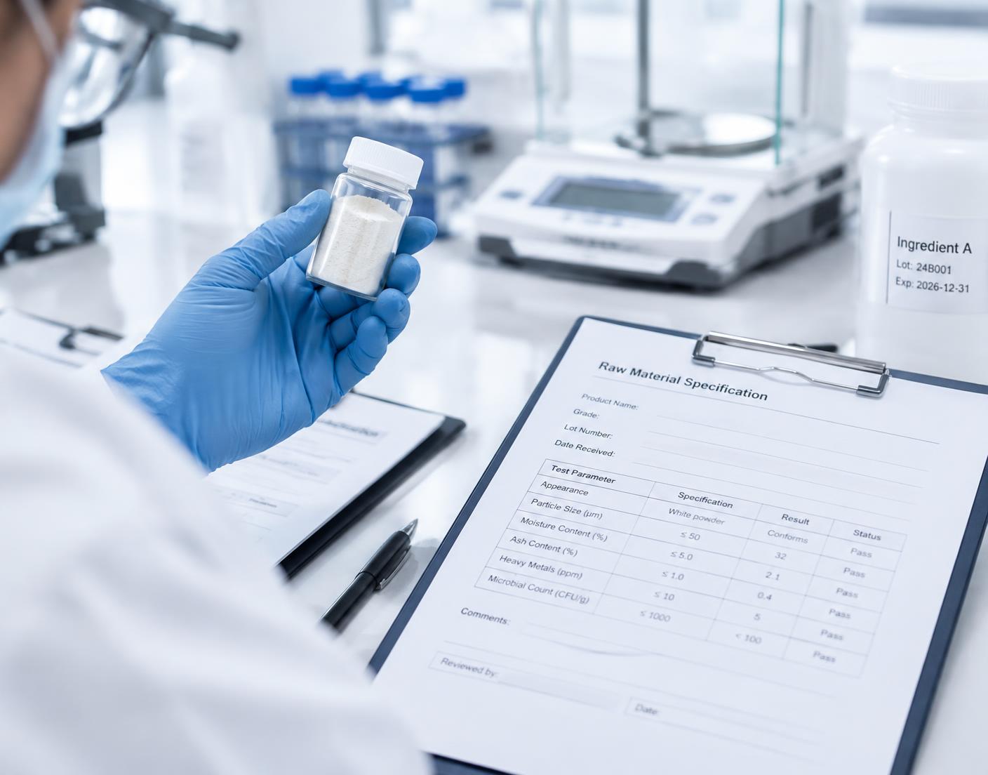 Technician reviewing an ingredient sample against a specification sheet
