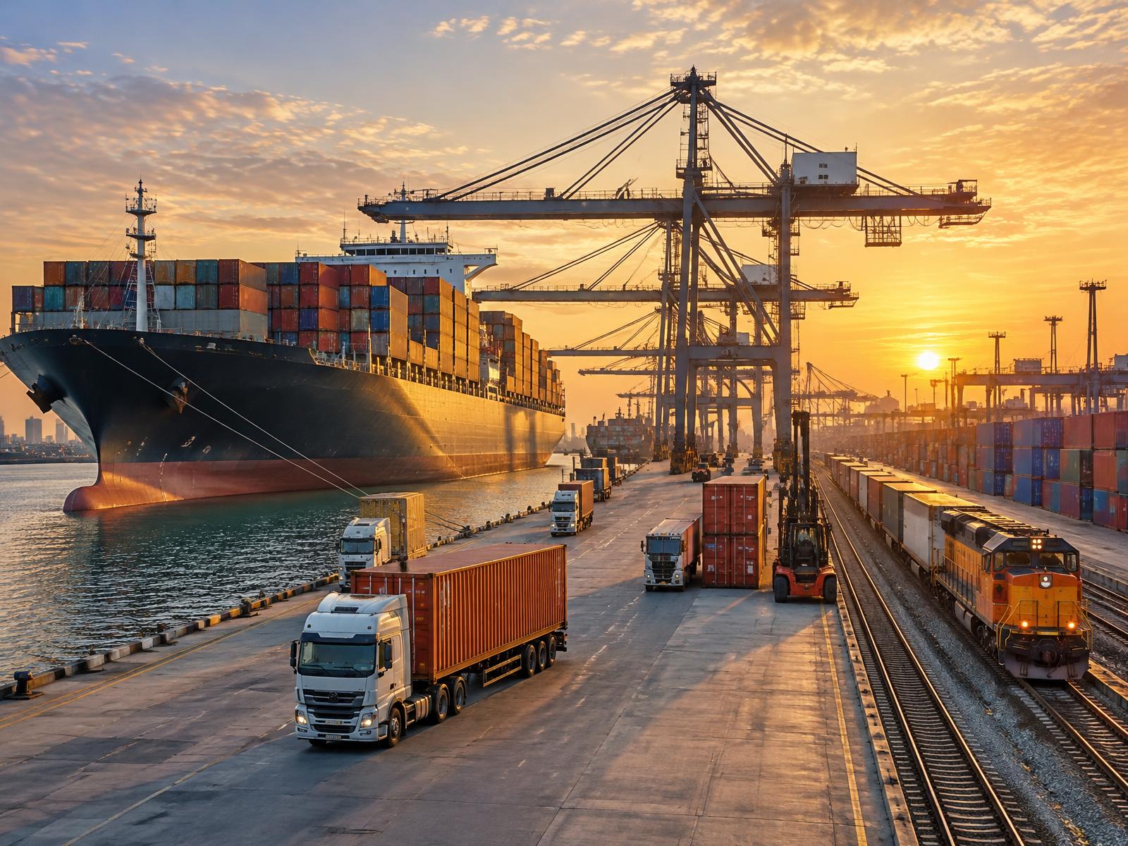 Container ship, cranes, trucks and freight rail at an international port