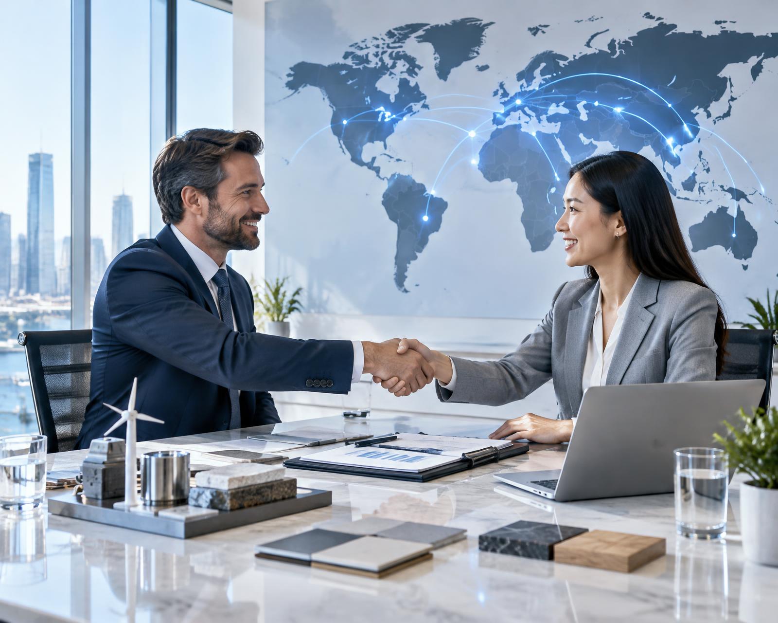 Business partners shaking hands in front of a world map showing connected markets